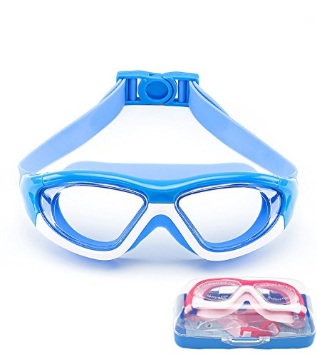 June Sports Swim Goggles for Kids (3-15 Year Old), Waterproof Swimming Googles Glasses Large Frame Anti Fog UVA/UVB Protection and No Leak Soft Silicone Gasket Teens Boys Girls Blue SG28