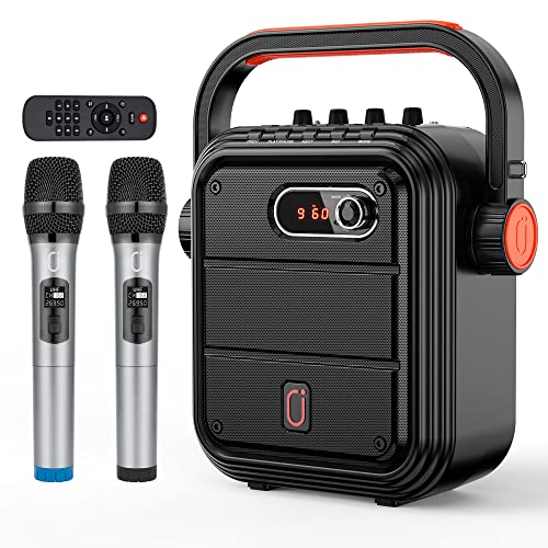 JYX Karaoke Machine with 2 UHF Wireless Microphones, Portable Bluetooth Speaker with Adjustable Shoulder Strap, Treble&Bass,PA System Support TWS, Radio, AUX In, REC, Perfect for Party
