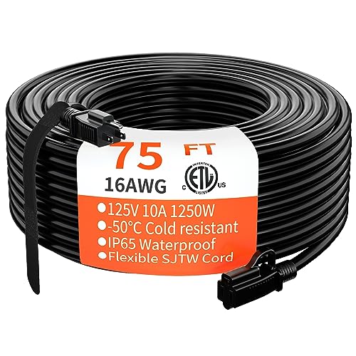 Indoor Outdoor Black Extension Cord 75 ft Waterproof, 16/3 Gauge Flexible Cold-Resistant Appliance Extension Cord Outside, 10A 1250W 16AWG SJTW, 3 Prong Heavy Duty Electric Cord, ETL HUANCHAIN