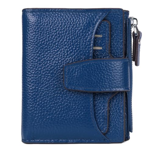 AINIMOER Women's RFID Blocking Leather Small Compact Bi-fold Zipper Pocket Wallet Card Case Purse with id Window (Lichee Blue)