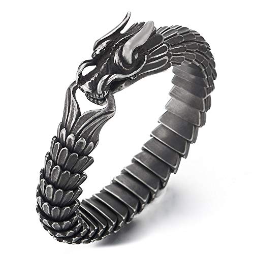 COOLSTEELANDBEYOND Retro Style Mens Steel Dragon Link Chain Bracelet, Vintage Old Metal Finishing, Spring Hook Clasp