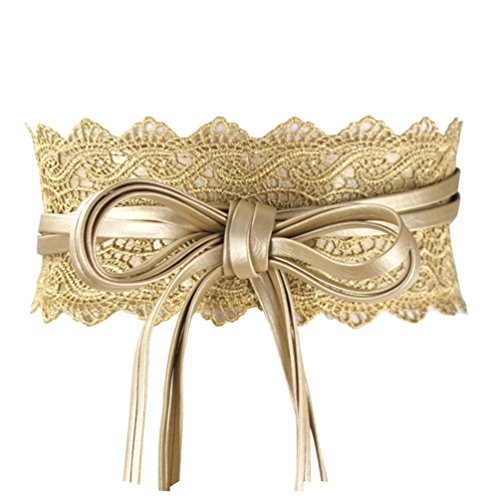 Hitele Womens Faux Leather Wide Golden Retro Cinch Belt Lace Up Wrap Around Obi Waistband (gold)