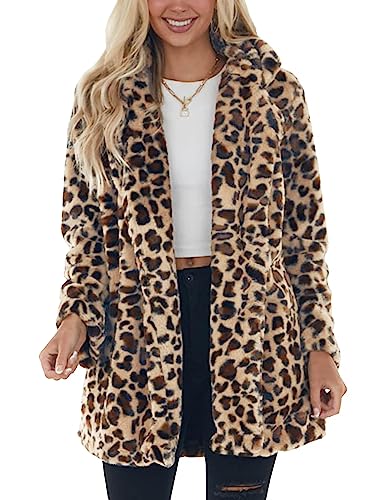 Omoone Women's Faux Fur Jackets Autumn Winter Leopard Coats Loose Fur Coat with Pockets(3361-BeigeBrown-L)