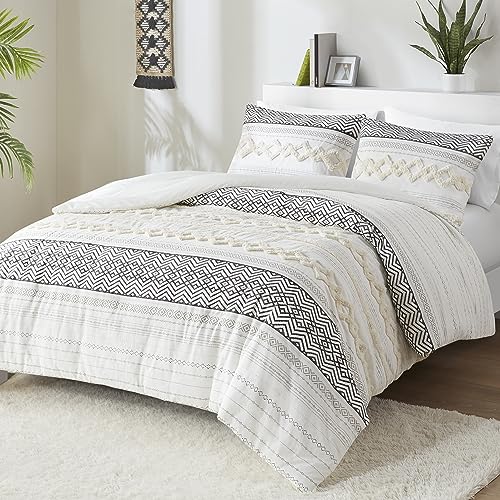 Hyde Lane Farmhouse Bedding Comforter Sets King, Ivory Boho Bed Set,Cotton Top with Modern Neutral Style Clipped Jacquard Stripes, 3-Pieces Including Matching Pillow Shams (104x90 Inches)