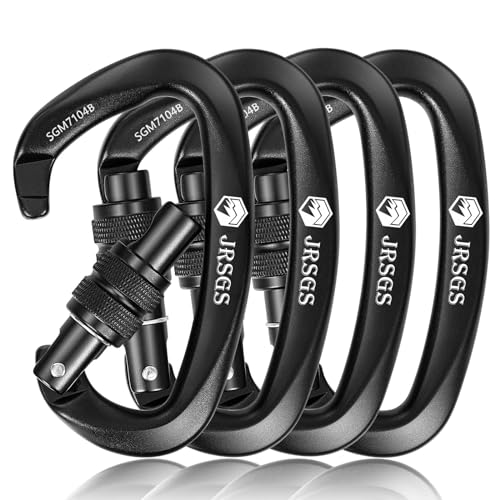 JRSGS 25KN Locking Climbing Carabiner Clips, UIAA Certified Rock Climbing Carabiner,Heavy Duty Carabiners Equipment,Large Size Carabiner for Climbing, Rappelling,Hunting and Rescue (Black 4Pcs)