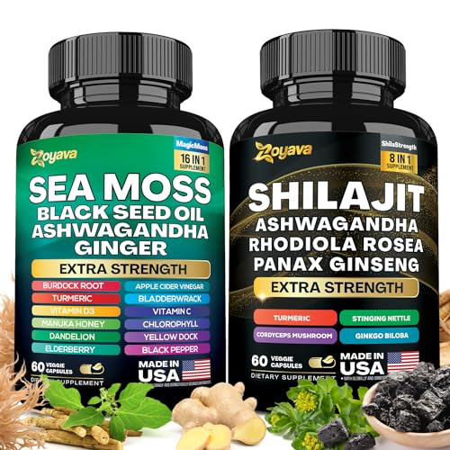 Zoyava Dynamic Vitality Bundle - Sea Moss 7000mg, Black Seed Oil 4000mg, Ashwagandha 2000mg, Ginger & Shilajit 9000mg, Rhodiola Rosea 1000mg, Panax Ginseng 1500mg, All in 1 Supplements (60 Count)