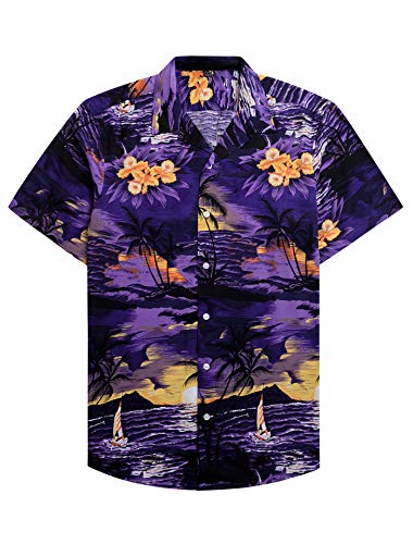 Alimens & Gentle 100% Cotton Regular Fit Short Sleeve Casual Hawaiian Shirt for Men -Color:1606, L Purple