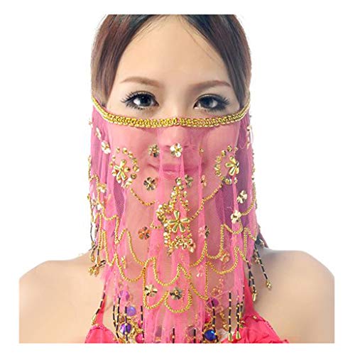 Baisdan Face Veils Belly Dance Costumes Mesh Face Veil with Beaded Halloween Costume Accessory for girl 1 (One Size, Rose Pink)