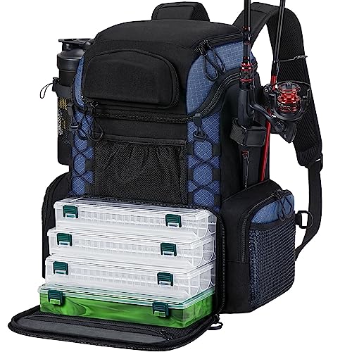 Piscifun Fishing Tackle Backpack with Rod Holders & 4 Tackle Boxes, Waterproof Rain Cover, Bottle Holder, Water-resistant Fishing Bag Store Fishing Gear and Equipment, Black