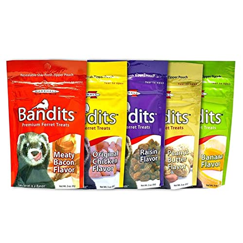 Petlewa MarshalBandits Premium Ferret Treats Variety Pack - 5 Flavors Chicken, Raisin, Peanut Butter, Banana, and Meaty Bacon - 3 Ounces Each 5 Total Pouches