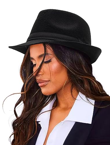 Unisex Classic Manhattan-Gangster-Fedora-Hat Short-Brim Trilby Hat - Women Men Wool Felt Winter Structured Hat with Band(S/M)