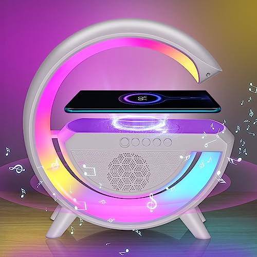 Table Lamp with Wireless Charger, Ambient Lighting with Bluetooth Speakers, 15w Qi Wireless Charger, Dazzling Running Lights Table Lamps, Colour Changing Bedside Lamp, Mood lighting/Gifts (White)
