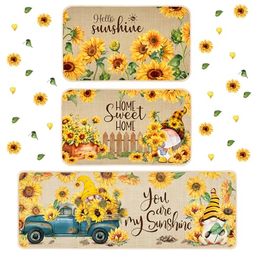 Timgle 3 Pcs Sunflower Themed Kitchen Rugs, Gnomes Rug Retro Style Non Slip Kitchen Sunflower Print Standing Mat, Washable Floor Comfortable Rug for Home Office Sink, 17 x 29 Inch, 17 x 47 Inch