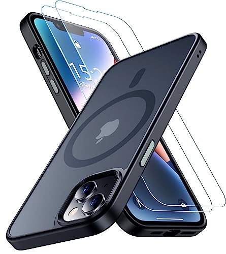 SPIDERCASE Designed for iPhone 13 Case/iPhone 14 Case, [Military-Grade Drop Tested][with 2 pcs Tempered Glass Screen Protector] [Compatible with Magsafe] [Soft Silky Touch] Slim Protective Case-Black