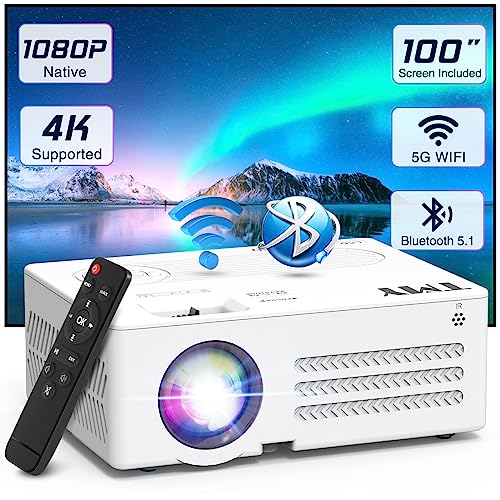 TMY Projector with WiFi and Bluetooth【100' screen included】Native 1080P Outdoor Projector, 4K Supported Portable Projector, Compatible with iOS/Android/PC/TV Stick/HDMI/USB, Indoor Outdoor Use