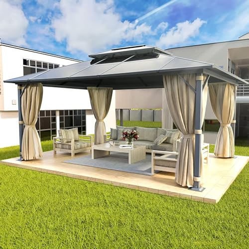 Aoxun 10'x13' Hardtop Gazebo, Aluminum Frame Permanent Pavilion with Curtains and Netting, Outdoor Polycarbonate Gazebo, Double Roof Canopy, for Gardens, Patios, Lawns