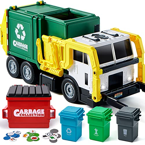 JOYIN 16' Large Garbage Truck Toys for Boys, Realistic Trash Truck Toy with Trash Can Lifter and Dumping Function, Garbage Sorting Cards for Preschoolers, Toy Truck Gift for Boy Age 2 3 4 5 Years Old