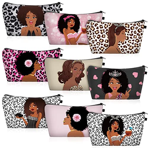 Chunful 9 Pcs Black Women Makeup Bag African American Make up Pouch Bags Canvas Travel Cosmetic Bags for Women Queen Zippered Toiletry Bag Reusable Multi Purpose Organizer for Adults (Stylish Style)