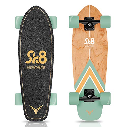 SereneLife Complete Standard Skateboard Mini Cruiser - 6 Ply Canadian & Bamboo Maple Deck Complete Double Kick Skate Board W/ 5' Aluminum Trucks - for Kids, Teens, Adults - SereneLife SL5SBGR (Aqua)