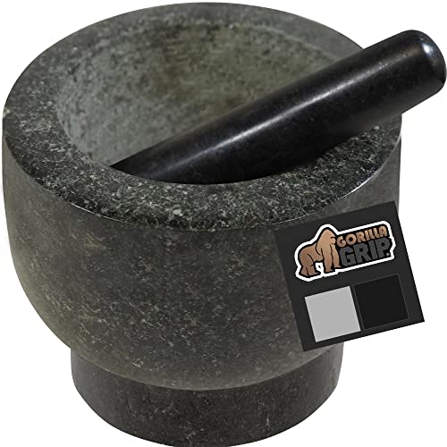 Gorilla Grip 100% Granite Slip Resistant Mortar and Pestle Set, Stone Guacamole Spice Grinder Bowls, Large Molcajete for Mexican Salsa Avocado Taco Mix Bowl, Kitchen Cooking Accessories, 2 Cups, Black