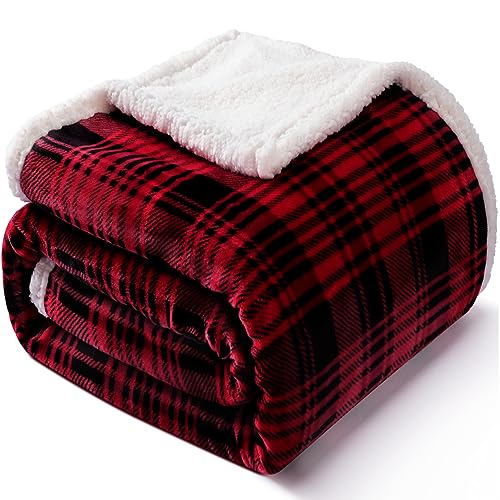 Touchat Sherpa Plaid Throw Blanket(60' X 70', Plaid Red), Fuzzy Fluffy Cozy Soft Blanket, Fleece Flannel Plush Twin Size Microfiber Blanket for Couch Bed Sofa
