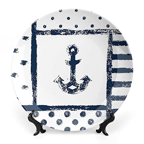 XISUNYA 10 Inch Decorative Plate, Anchor Ceramic Stoneware, Boat Anchor Polka and Stripe Retro Navy Theme Print Ornament Display Plate Decor Accessory for Dining, Parties, Wedding