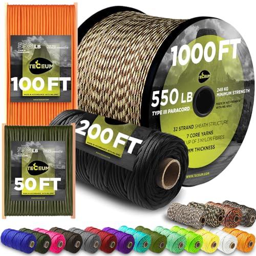 TECEUM Paracord Type III 550 Black –100 ft – 4mm – Tactical Rope MIL-SPEC – Outdoor Para Cord –Camping Hiking Fishing Gear and Equipment EDC Parachute Cord Strong Survival Utility Rope 016