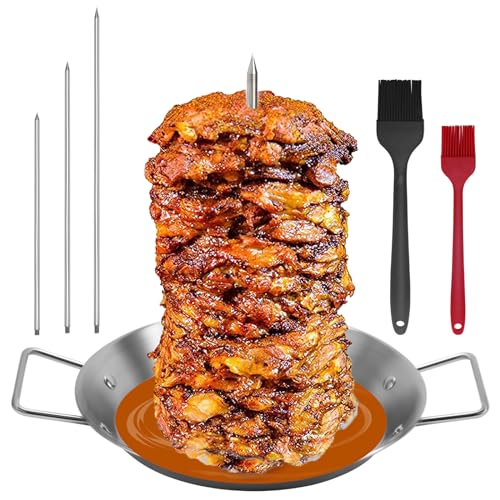 Al Pastor Skewer for Grill, Stainless Steel Vertical Skewer, Brazilian Vertical Spit Stand with 3 Removable Spikes(8”/10'/12”) & Brushes, for Tacos Al Pastor, Shawarma Kebabs Smoker Oven BBQ Dishes