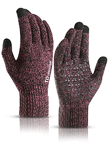 TRENDOUX Winter Gloves for Women, Knit Touch Screen Glove Texting Smartphone Driving - Anti-Slip - Elastic Cuff - Thermal Soft Upgraded Lining - Hands Warm in Cold Weather - Rose - M