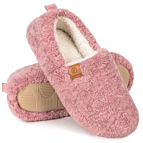 EverFoams Women's Soft Curly Comfy Full Slippers Memory Foam Lightweight House Shoes Cozy Warm Loafer with Polar Fleece Lining (Pink, Size 7-8 M US)