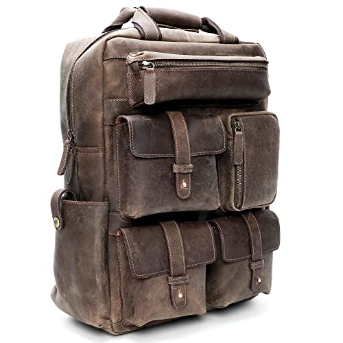 LUXEORIA Handmade Leather Backpack for Men and Women, 15.6 Inch Laptop Bag, Genuine Leather Casual Daypack, For College & Office, Travel or Hiking - Retro Hunter Brown