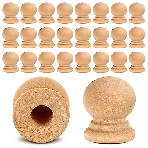 Pinkunn 50 Pcs Wood Finials 3/4 Inch Tall with 1/4 Inch Hole Unfinished Wood Drawer Knobs Pulls Handles Small Round Wooden Dowel Rods Caps for Crafts, DIY, Cabinet, Furniture, Drawer