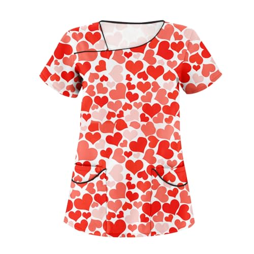 Valentines Scrub Tops Women 2023 Irregular Neckline Cute Love Heart Prints Short Sleeve Nurse Working Uniform Medical Under Scrub Tops Women with Pockets