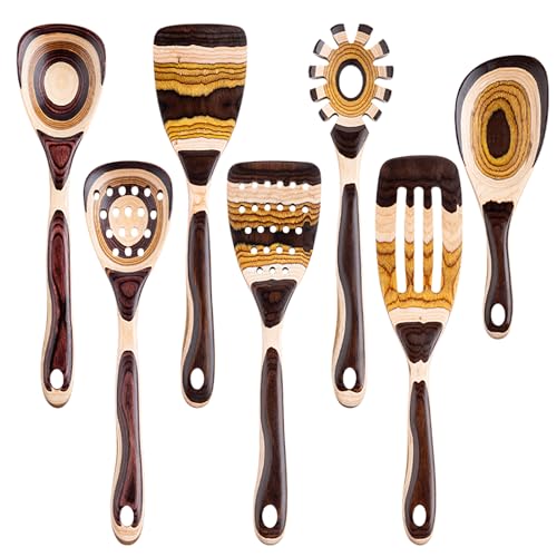 Gudamaye 7-Piece Brown Pakkawood Utensils Set – Sturdy, Eco-Friendly, Wooden Spoon for cooking, Wooden Utensil for cooking, Wooden Kitchen Tool, Home & Kitchen Gifts for Mom Dad Grandma, Wife, Husband