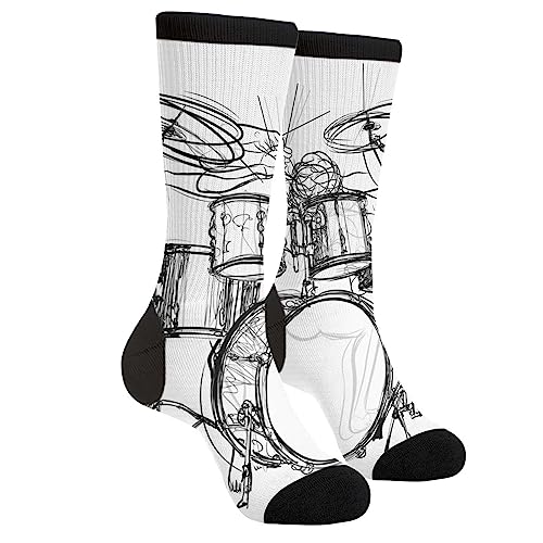 Graffiti Sketch Drummer Music Men's Unisex Novelty Crew Socks Funny Crazy Dress Socks, Black and White
