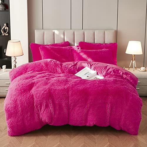 Uhamho Faux Fur Velvet Fluffy Bedding Duvet Cover Set Down Comforter Quilt Cover with Pillow Sham, Ultra Soft Warm (Twin, Hot Pink)