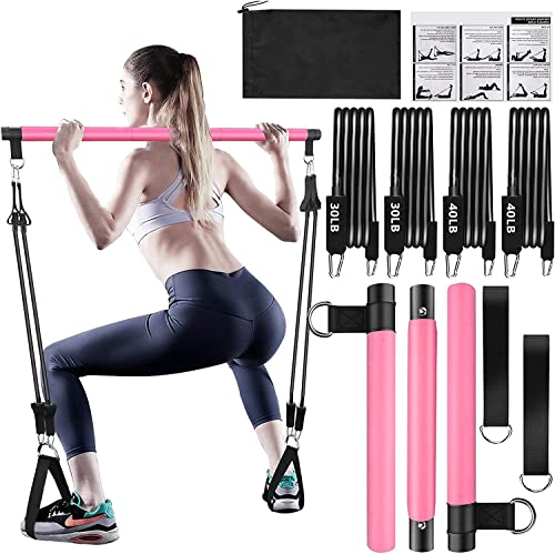 Bbtops Pilates Bar Kit with Resistance Bands(4 x Bands),3-Section Pilates Bar with Stackable Bands Workout Equipment for Legs,Hip,Waist and Arm (Pink(30lbs,40lbs)