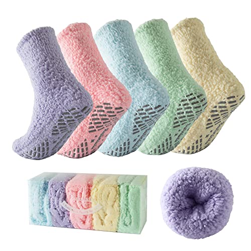 Bulinlulu 5 Pairs Women's Plush Polyester Solid Color Quarter Crew Socks with Reinforced Toe and Non-slip