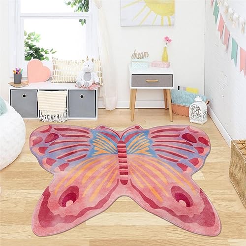 LIVEBOX Butterfly Kids Rug for Nursery, 47'x63' Washable Area Rug for Girls Bedroom, Non-Slip Colorful Rug for Playroom, Ultra Soft Area Rug Floor Play Mat for Dorm Entryway Tent, Pink