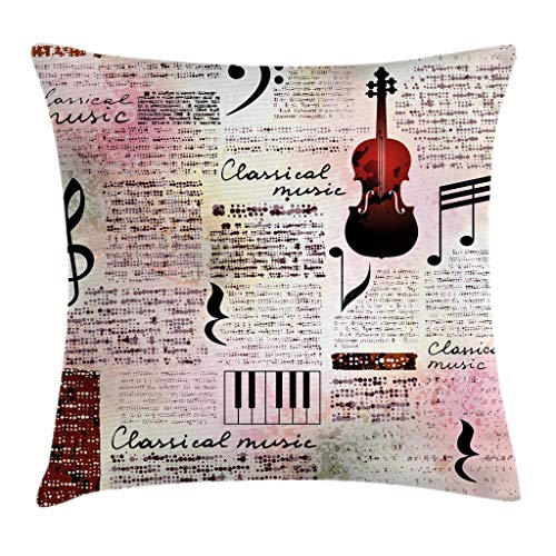 Ambesonne Old Newspaper Throw Pillow Cushion Cover, Classical Music Theme Instruments Piano Violin Notes Art, Decorative Square Accent Pillow Case, 16' X 16', Pink Black