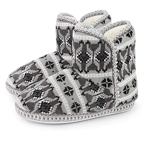 DL Women's Bootie Slippers Cable Knit Cute Plush Fleece Memory Foam House Shoes Indoor Winter, Grey, Size 9