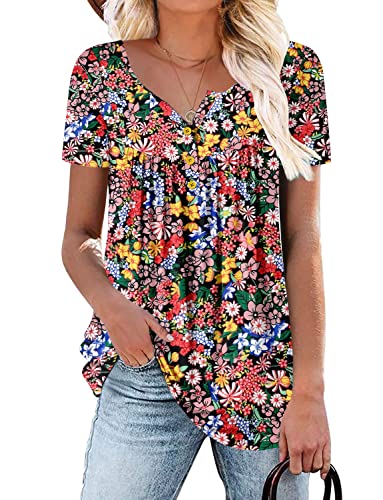 Red Short Sleeve Shirts for Women Flower V Neck Pull Over Tunic Top Loose Fit Ruffle Hem M