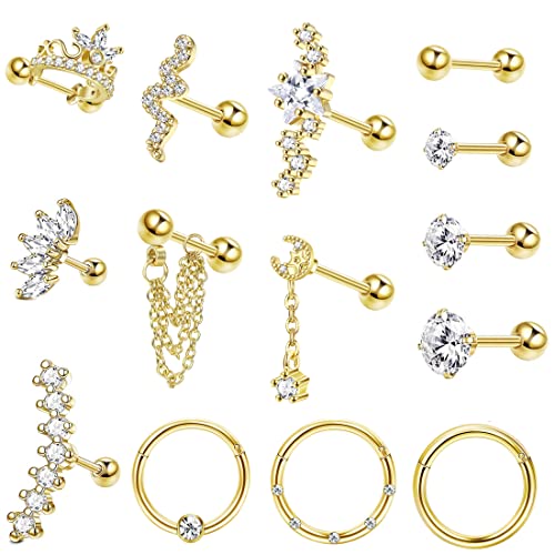 Jstyle 14Pcs Stainless Steel Earrings Set for Women Men Star Moon Snake Crown 16G Cartilage Earrings Set Hypollergenic Flatback Stud Earrings Piercing Jewelry Gold