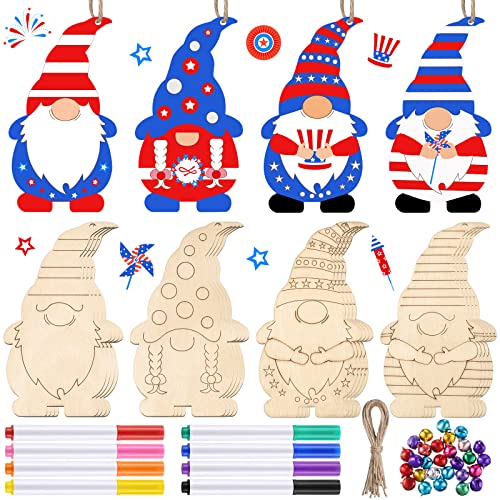 Censen 4th of July Unfinished Wooden Gnome Ornaments Include Blank Gnome Cutout Hanging Slices, Colored Marker, Bells for Kids Patriotic Tree DIY Craft Painting All Festival(20 Sets)