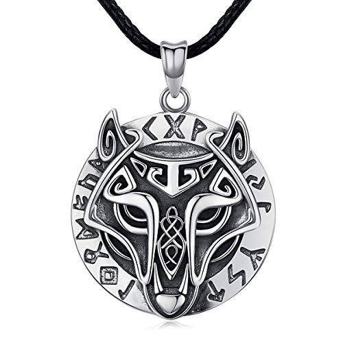 Eusense Viking wolf Necklace for Men witcher medallion viking jewelry women wolf pendant sterling silver 925 norse pagan jewelry for men fenrir nordic runes wolf Gifts brother