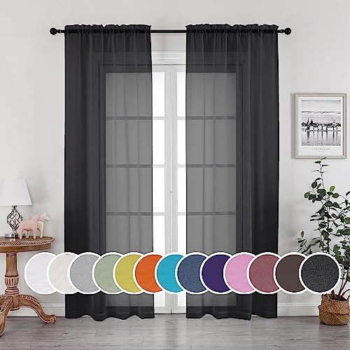 OWENIE Black Sheer Curtains, Sheer Curtains 84 inch Length 2 Panels Set, Rod Pocket Voile Fimly Sheer Drapes for Living Room/Bedroom, 2pcs, Each 42' W x 84' L, Black