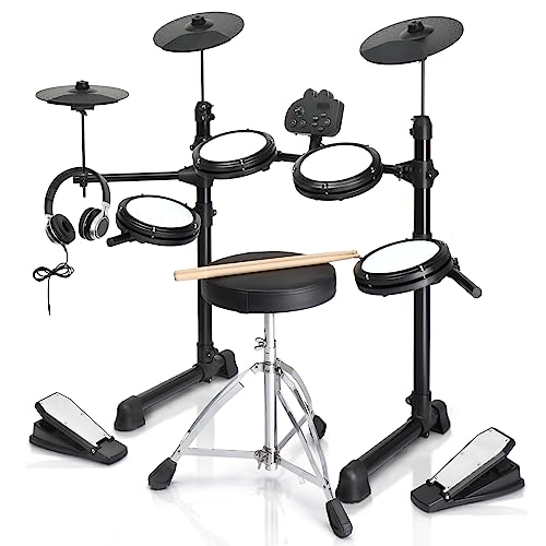 Ktaxon Electric Drum Set, Electronic Drum Set with Mesh Drum, Cymbals, Adjustable Throne, Headphones, Sticks, Pedals and Velcros, Electric Drums with 150 Sounds and 10 Demos for Beginner
