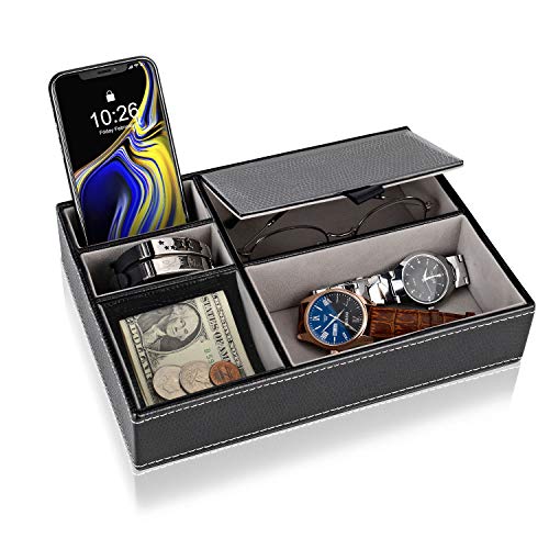Baoyun Men's Valet Tray, Faux Leather Valet Box, EDC Catch All Tray, Dresser Top Nightstand Organizer with 5 Compartments for Smartphone, Keys, Wallet, Watch