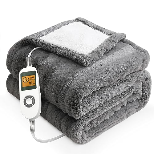 HOMLYNS Electric Heated Blanket Throw with 1-10hrs Timer Auto-Off & 10 Heating Levels, Faux Fur & Sherpa Heating Blanket ETL Certified Machine Washable (50”x60”, Grey)