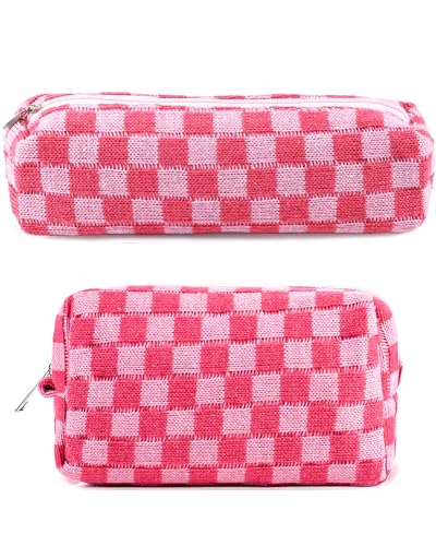 2Pcs Small Makeup Bag for Purse Checkered Cosmetic Bag Cute Makeup Pouch Pink Makeup Bag and Makeup Brushes Bag Y2K Aesthetic Accessories for Women Travel Storage Organizer Bag